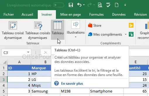 créer un tableau excel
