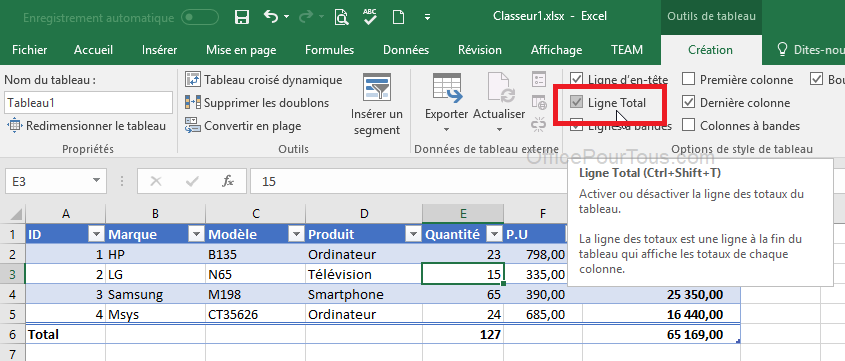 Créer un tableau Excel